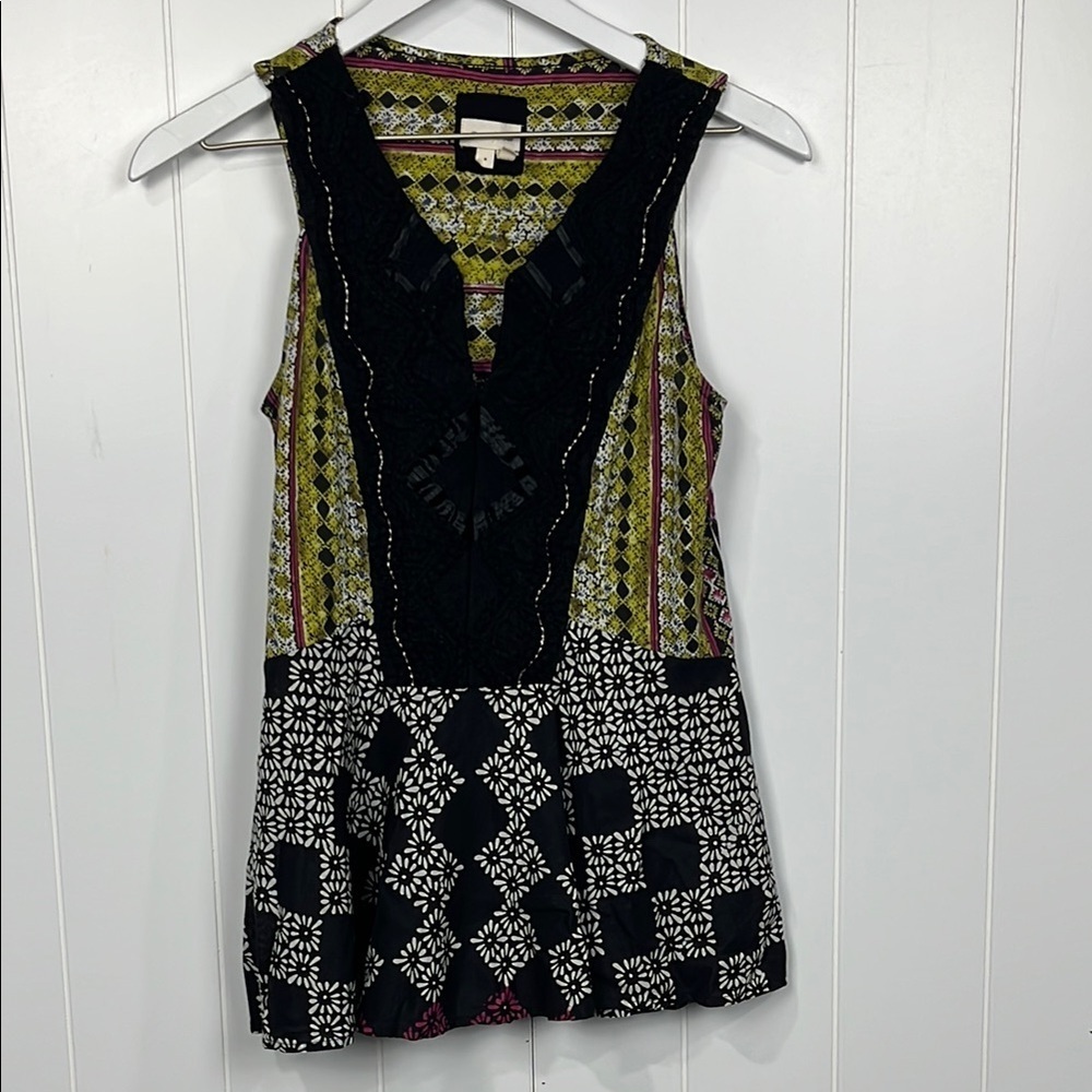 Anthropologie Meadow Rue Womens Top S Black  Multi-Print Quilted 100% Viscose